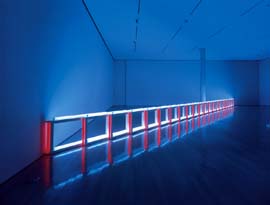 Dan Flavin, An artificial barrier of blue, red and blue fluorescent light to Flavin Starbuck Judd, 1968